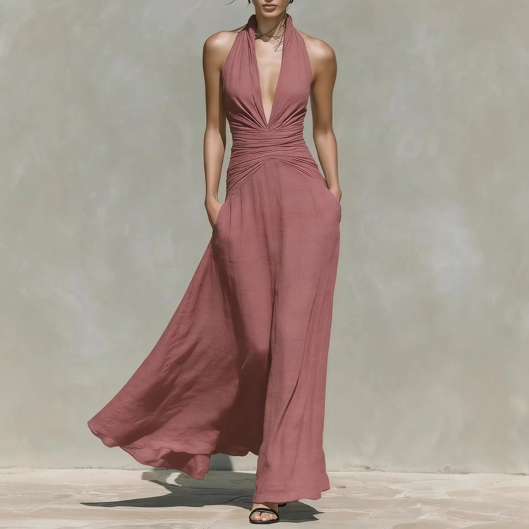 Raven V Neck Sleeveless Ruched Bodycon Maxi Dress
