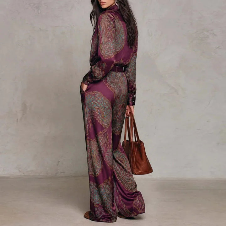 Back view of wine red paisley print two-piece shirt and pants set