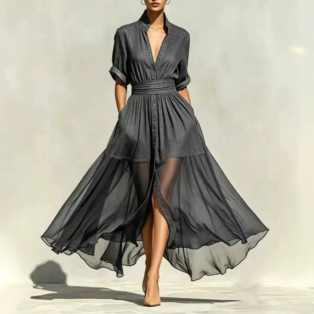 Elodie Chiffon Denim Maxi Dress