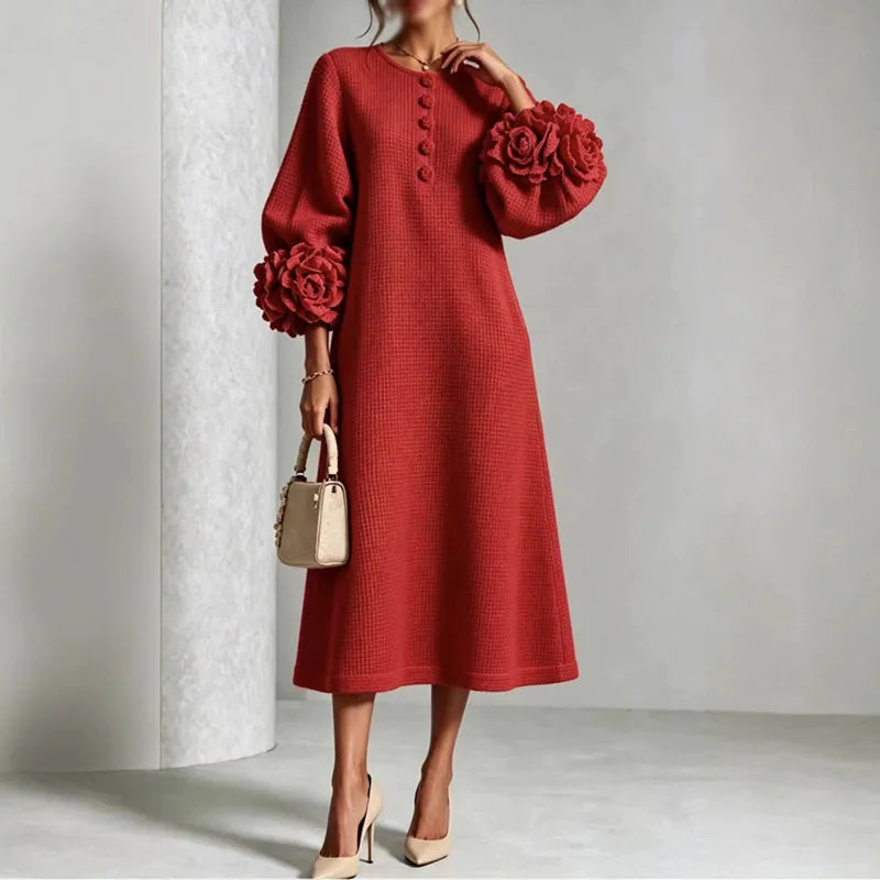 Front view of red knit midi dress with button placket