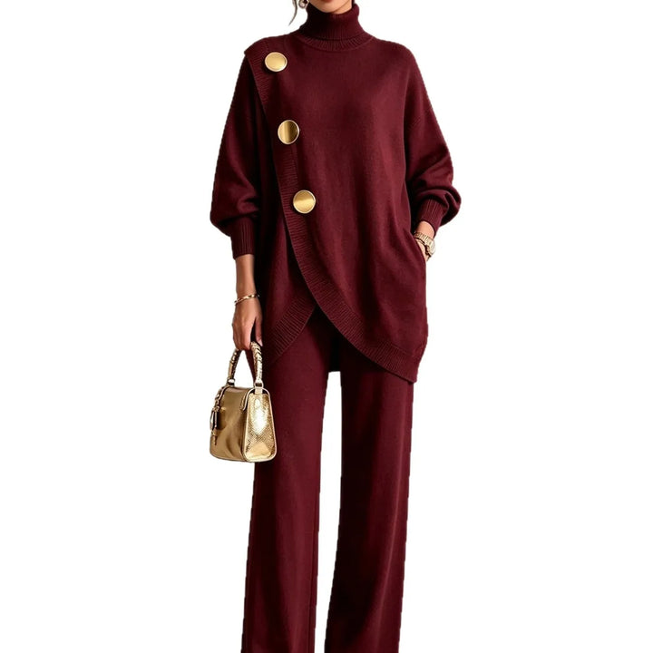 Wine red asymmetric wrap sweater and wide leg pants set, front view