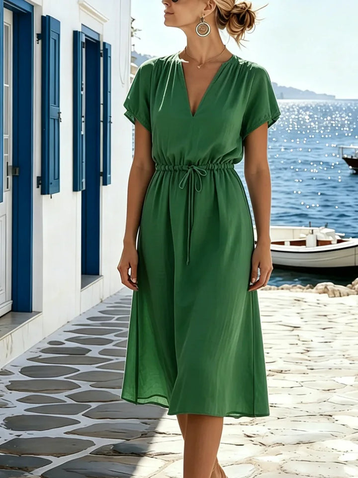 Amora Elegant V Neck Gathered Waist Midi Dress
