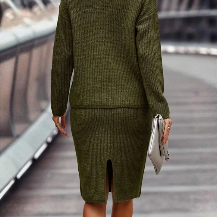 Back view of army green knit skirt set showing hem slit