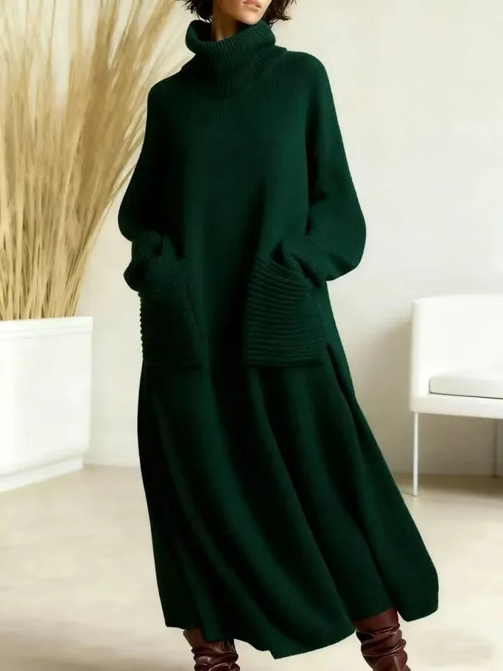 Dark green turtleneck sweater dress with pockets