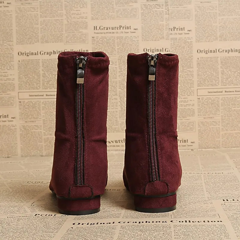 Wine red ankle boots back view showing zippers