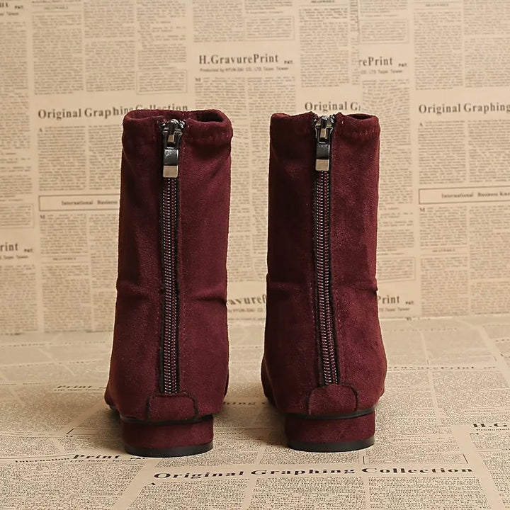 Wine red ankle boots back view showing zippers