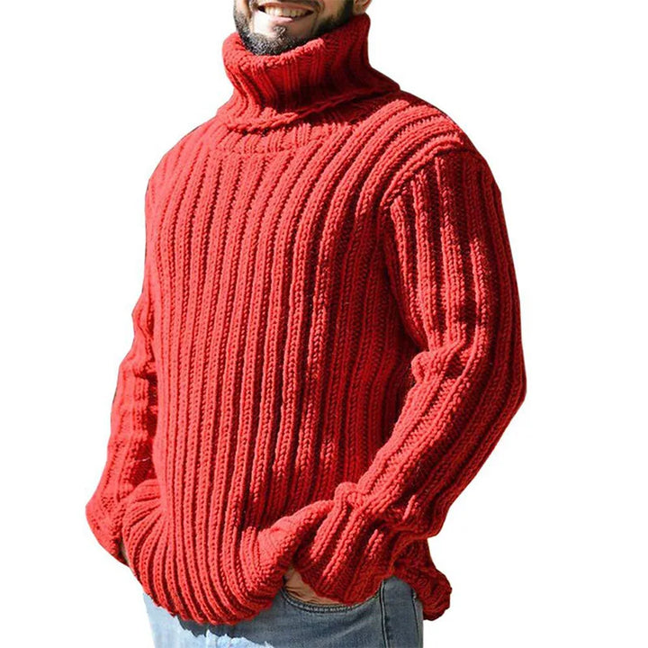 Man wearing red ribbed turtleneck sweater
