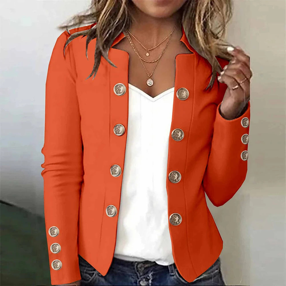 Orange blazer with gold button detail worn open