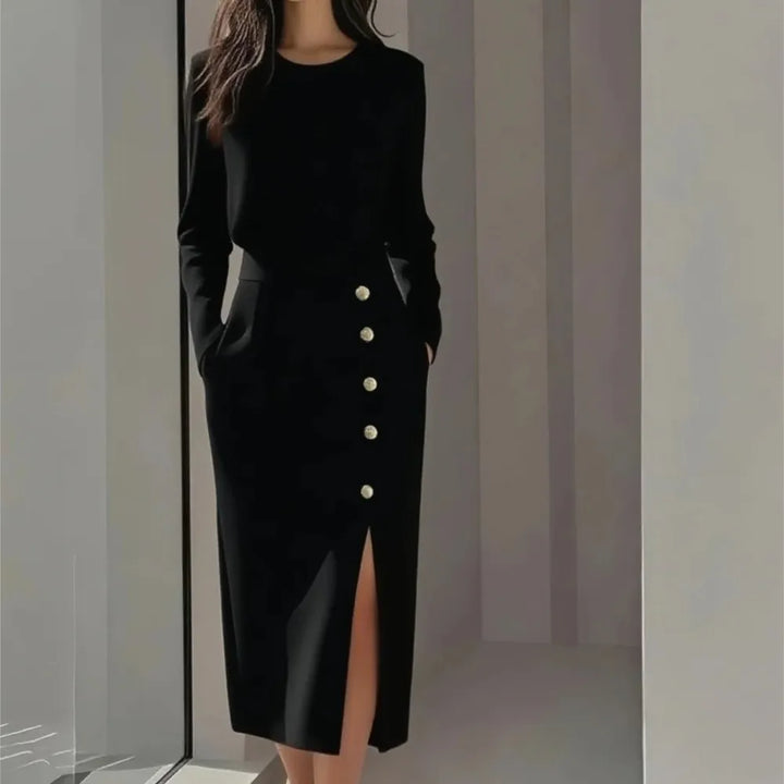 Black long sleeve midi dress with button front detail and side slit, front view