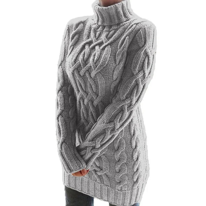 Gray cable knit turtleneck sweater dress, front angled view