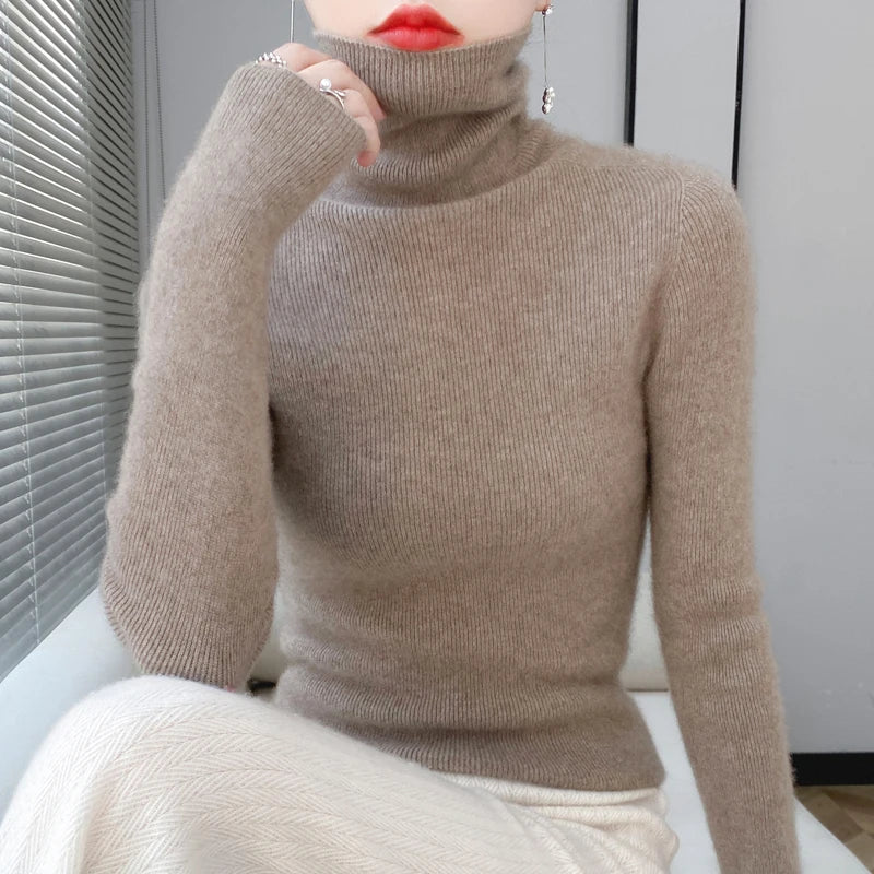Close up of taupe ribbed turtleneck sweater