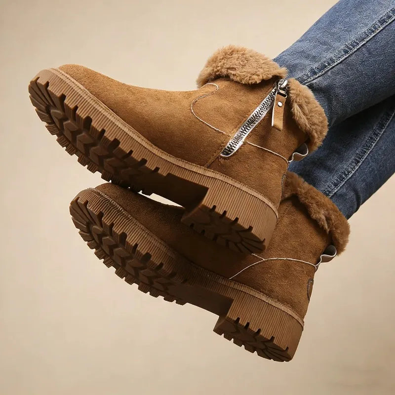 Brown suede snow boots with faux fur collar and side zip
