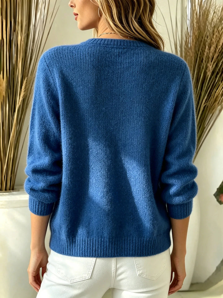 Back view of blue ribbed knit cardigan
