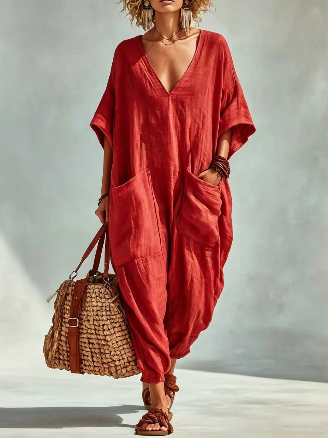 Serena V Neck Linen Blend Pocket Romper