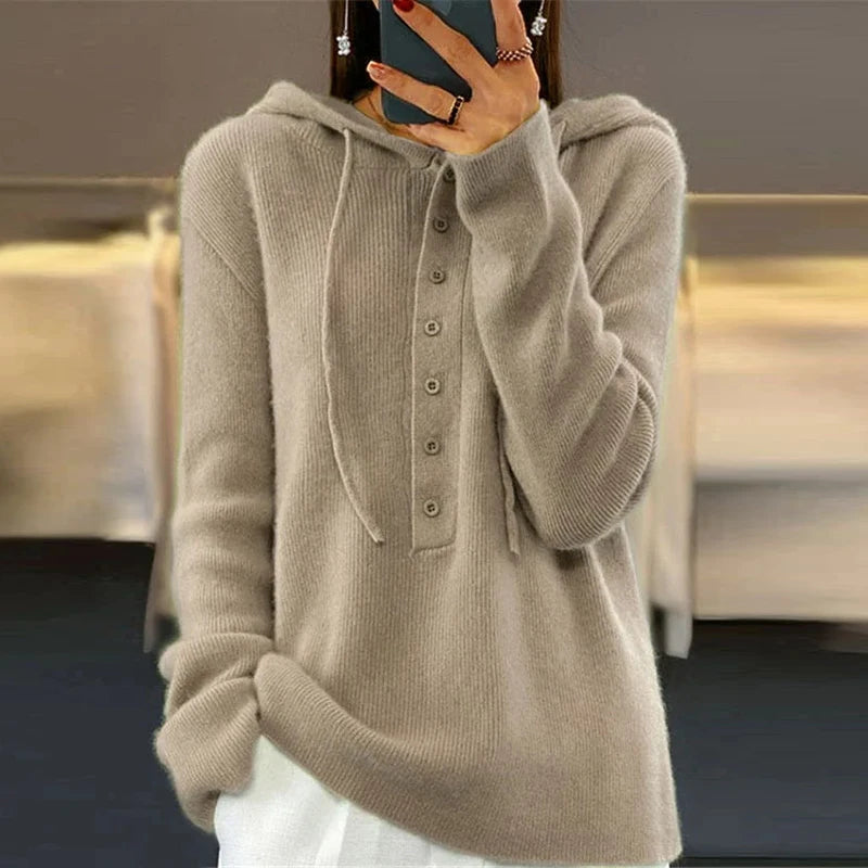 Taupe hooded button front sweater, front view