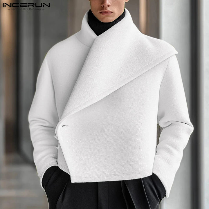 Man wearing white asymmetric shawl collar cropped jacket, front view