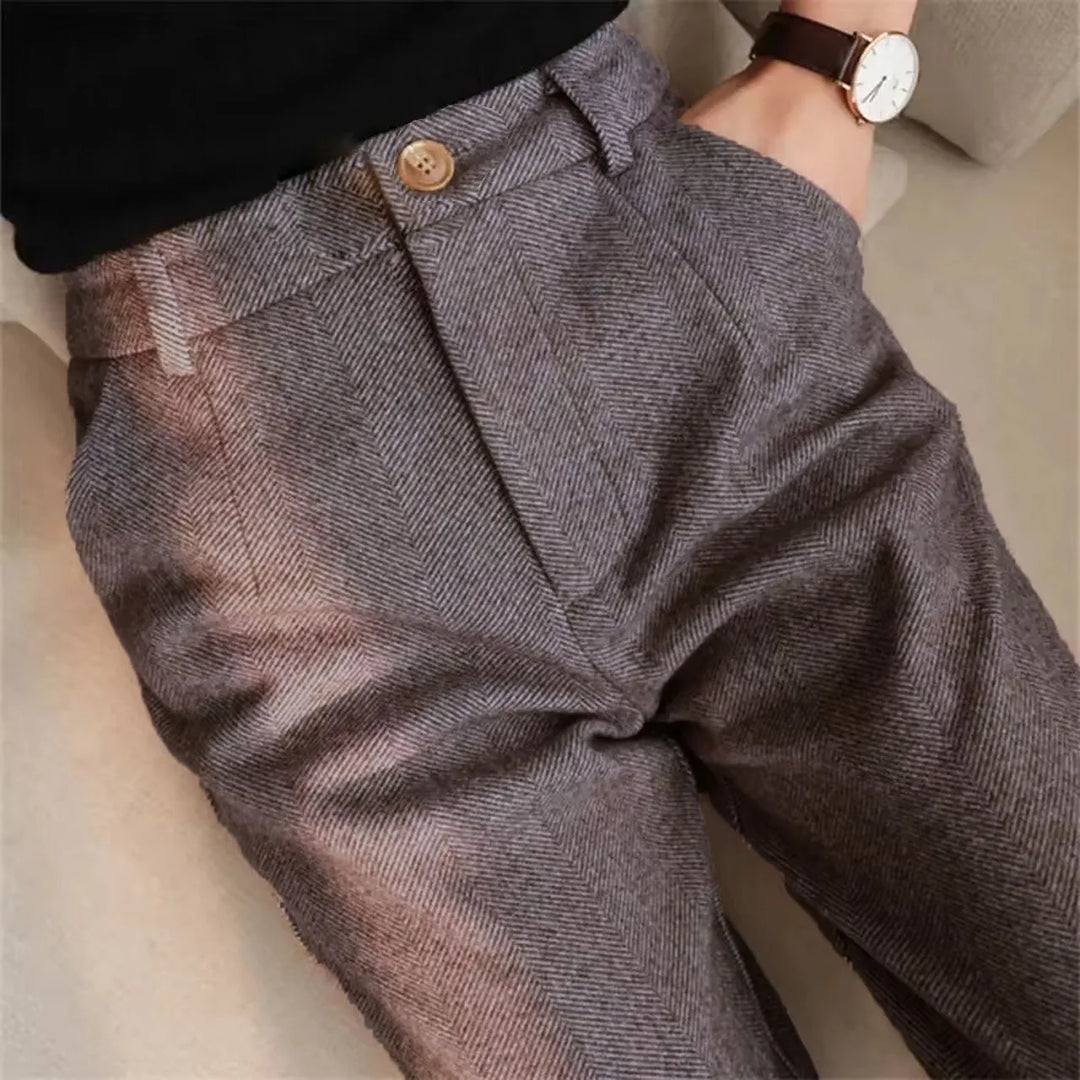 Herringbone trousers in taupe with button and tab waistband detail