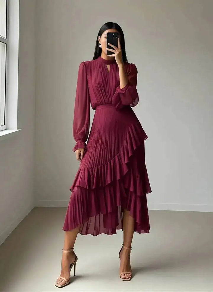 Amelie Pleated Ruffle Midi Dress