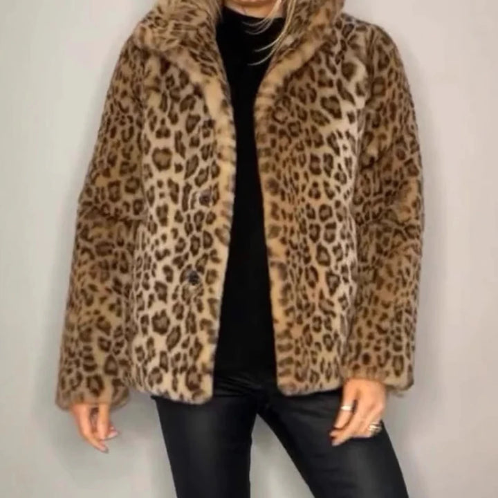 Model wearing brown leopard print faux fur coat, front view