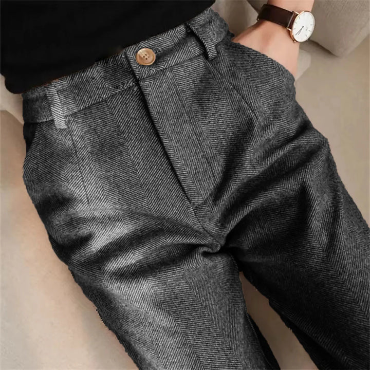 Herringbone trousers in dark gray with button waistband detail