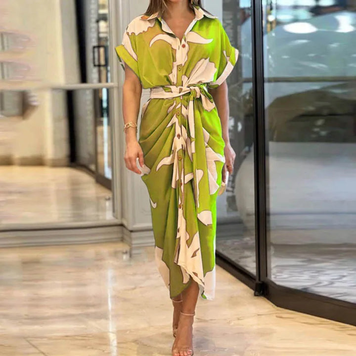 Rose Printed Tie Waist Shirt Midi Dress