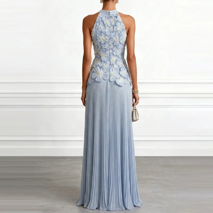Blue floral halter dress, back view showing closure