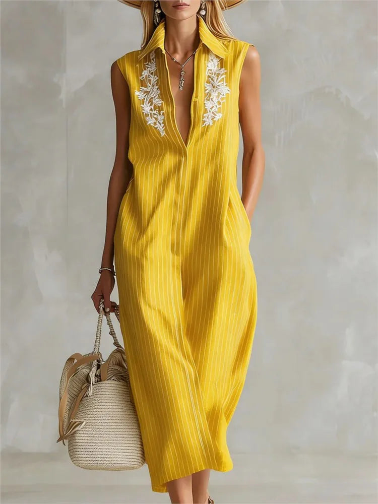 Rona Striped V Neck Midi Shirt Dress