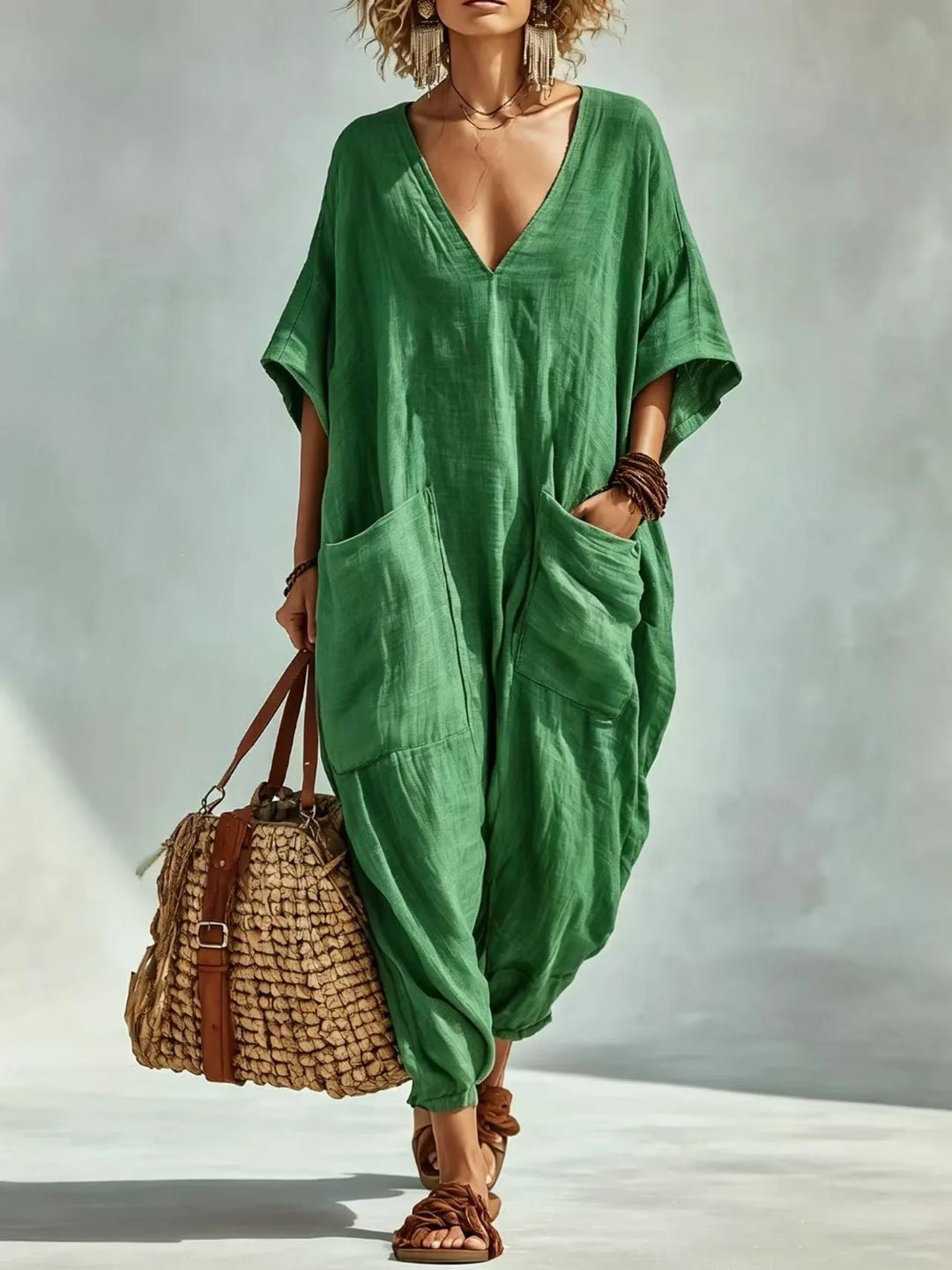 Serena V Neck Linen Blend Pocket Romper