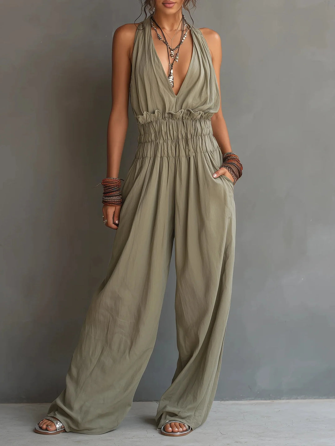 Daphne Deep V Neck Wide Leg Jumpsuit