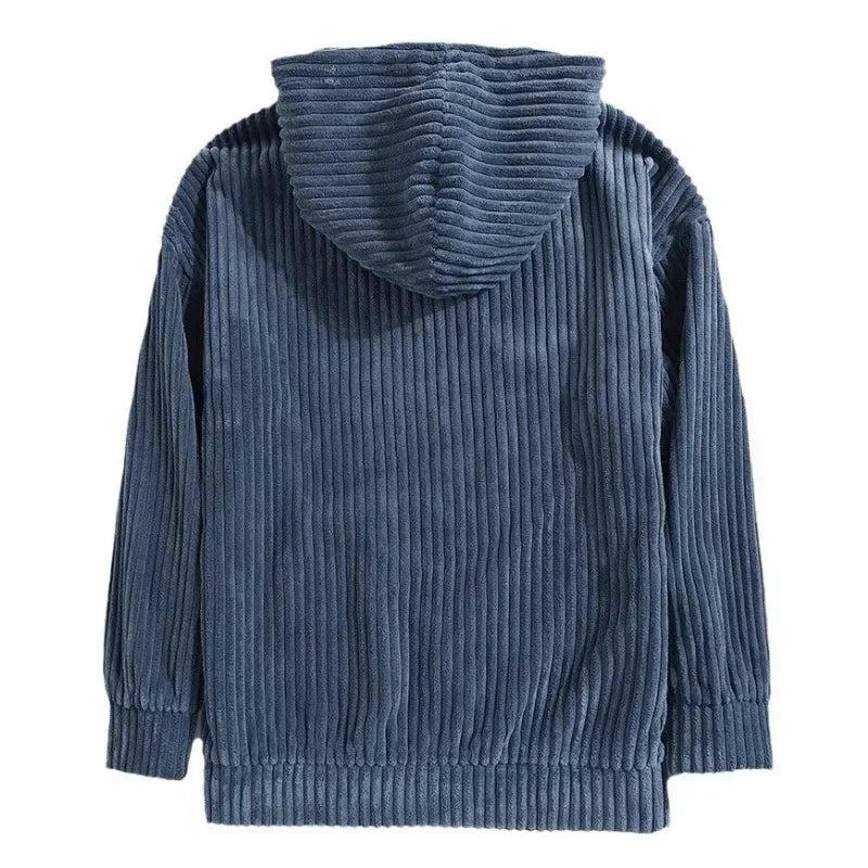 Blue corduroy hoodie back view