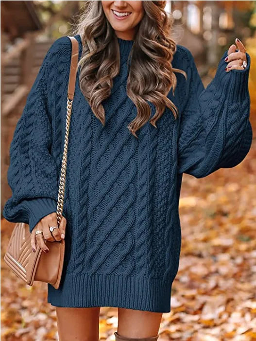 Navy blue cable knit sweater dress close up