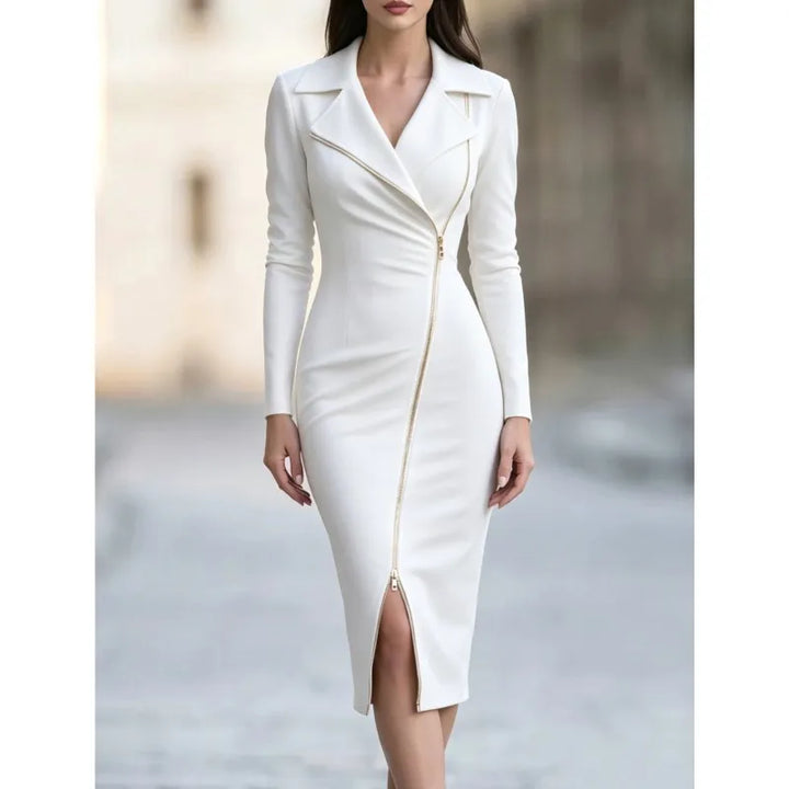 White sheath dress with asymmetric zipper and notched collar, front view