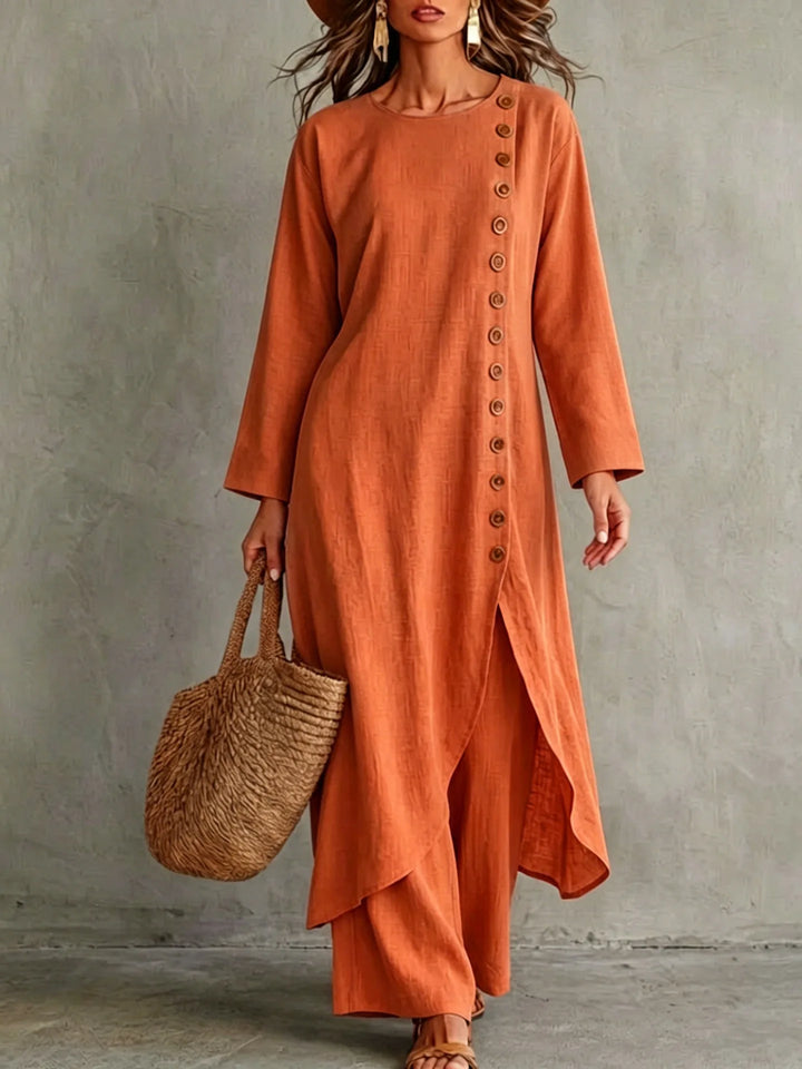 Close up of woman wearing orange two piece set with button placket top