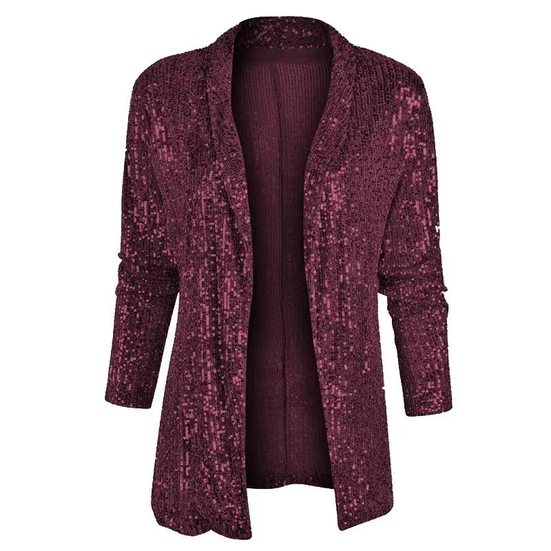 Burgundy sequin open-front cardigan jacket, front view