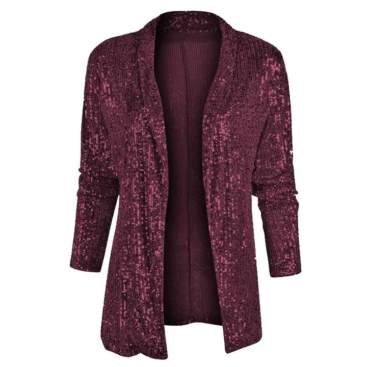 Burgundy sequin open-front cardigan jacket, front view