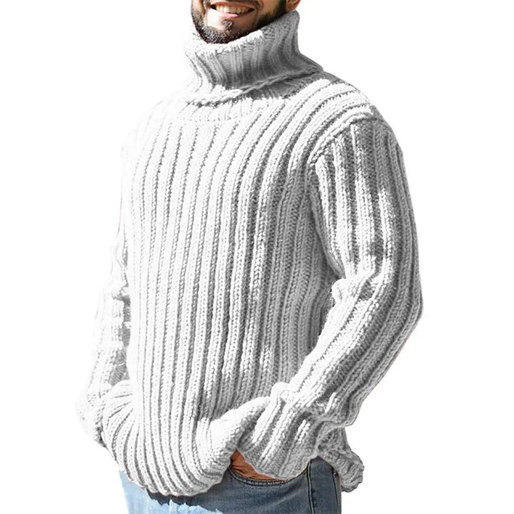 Man wearing white ribbed turtleneck sweater