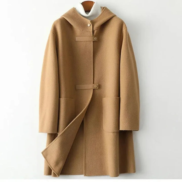 Camel hooded wool coat with leather tab closures, front view
