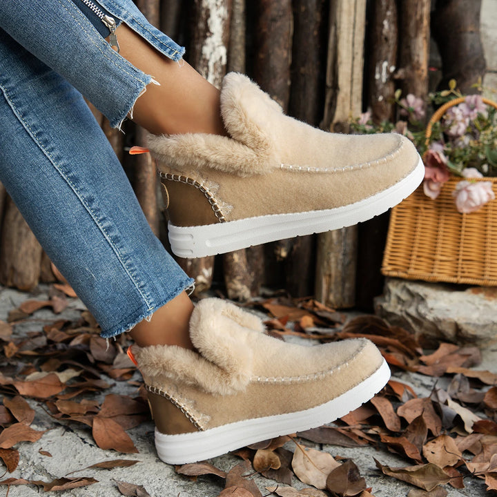 Khaki felt ankle boots with faux fur trim, side view