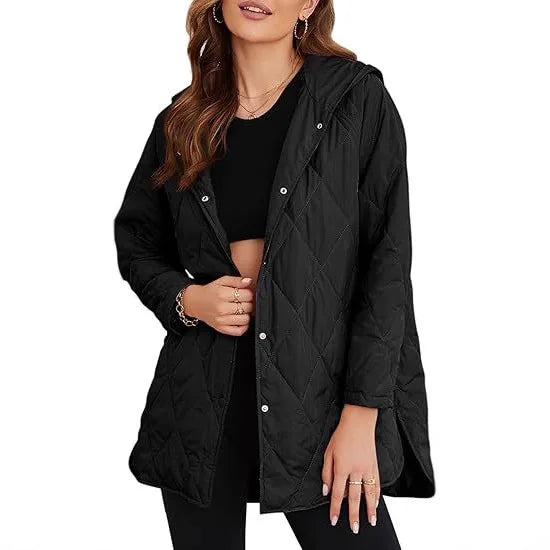 Woman wearing black quilted hooded jacket, front view open