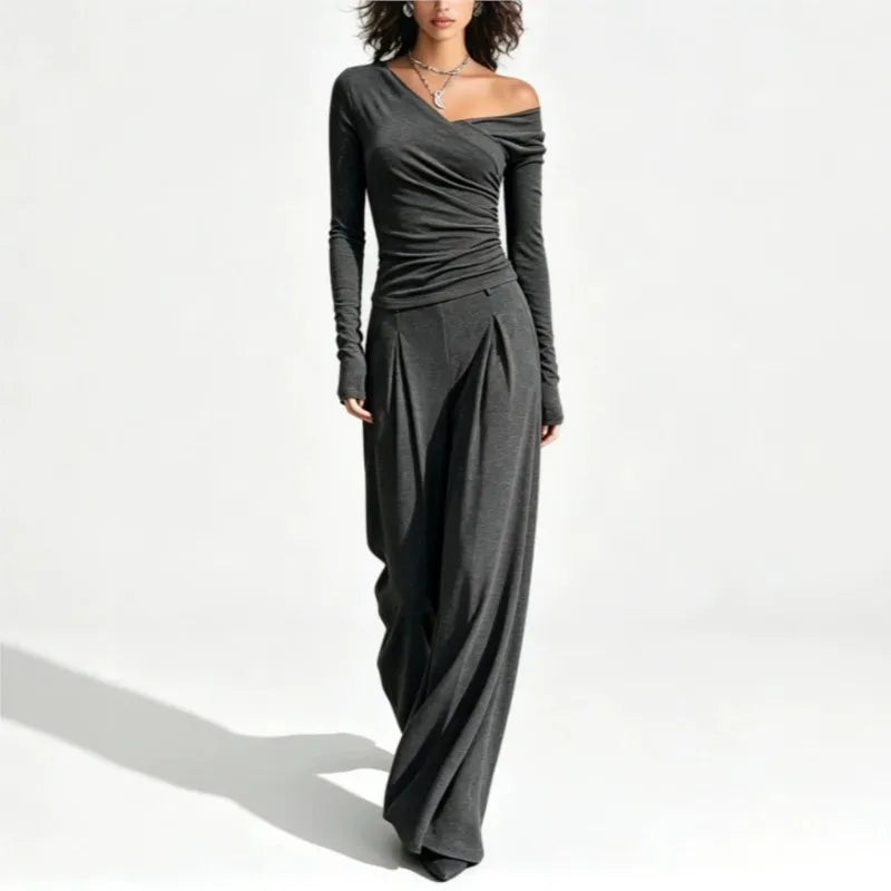 Woman wearing gray off shoulder top and wide leg pant set, front view