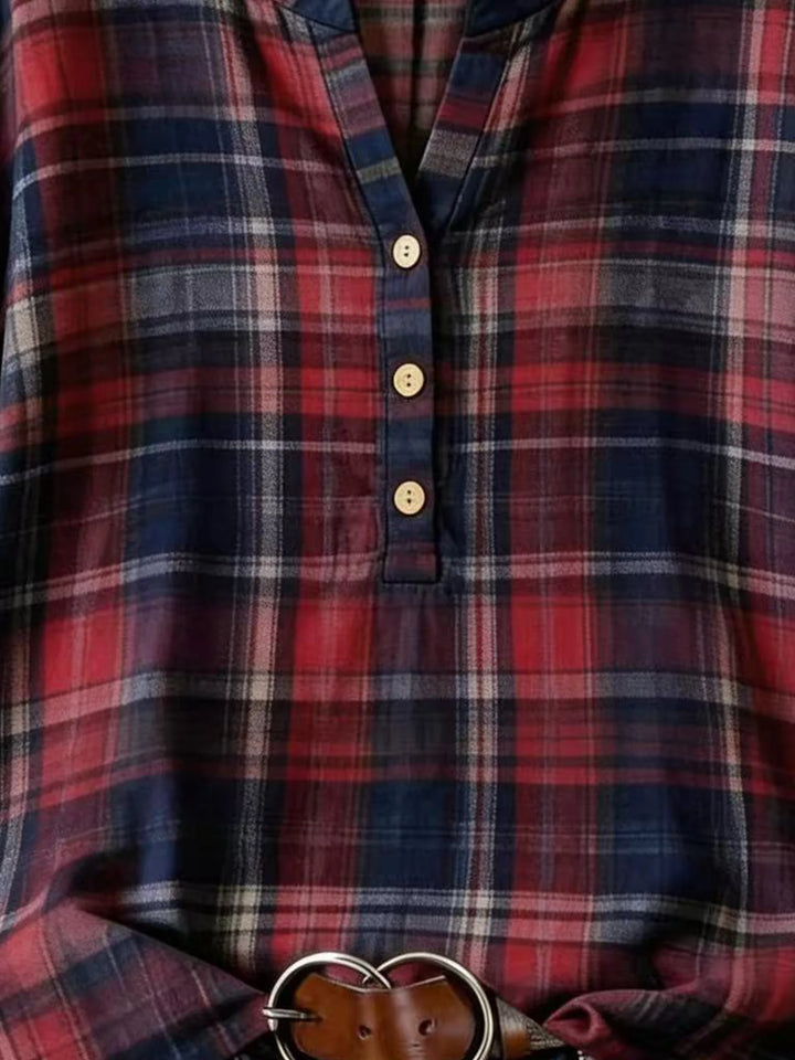 Daphne Plaid V Neck Loose Fit Blouse