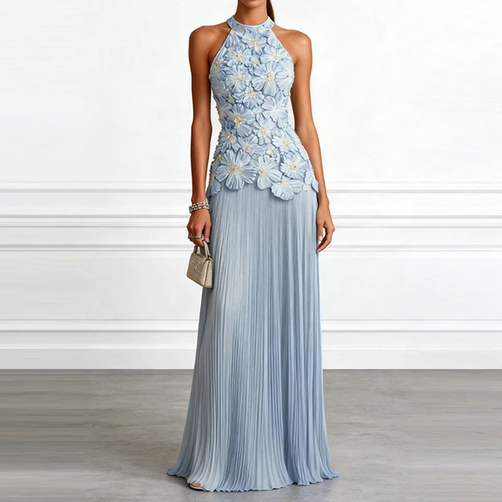 Blue floral appliqué halter evening dress, full front view