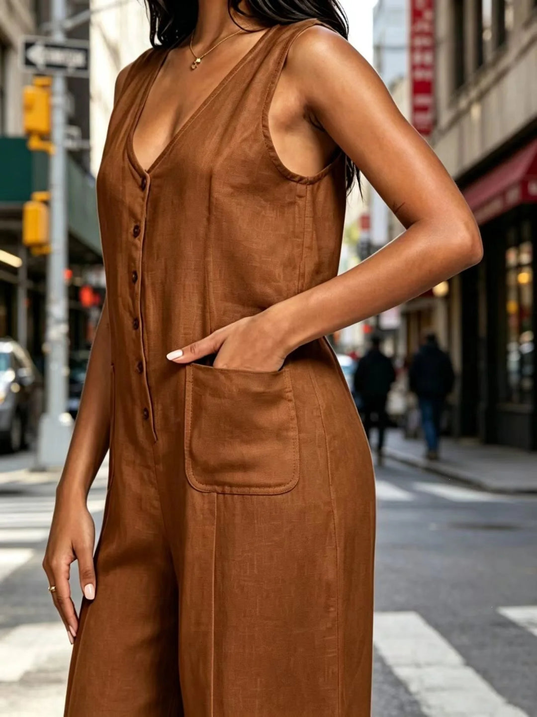 Vivian Breathable Cotton Linen Wide Leg Jumpsuit