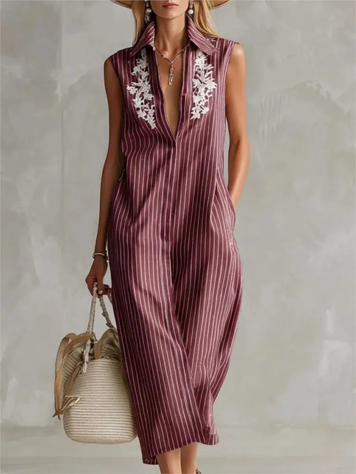 Rona Striped V Neck Midi Shirt Dress