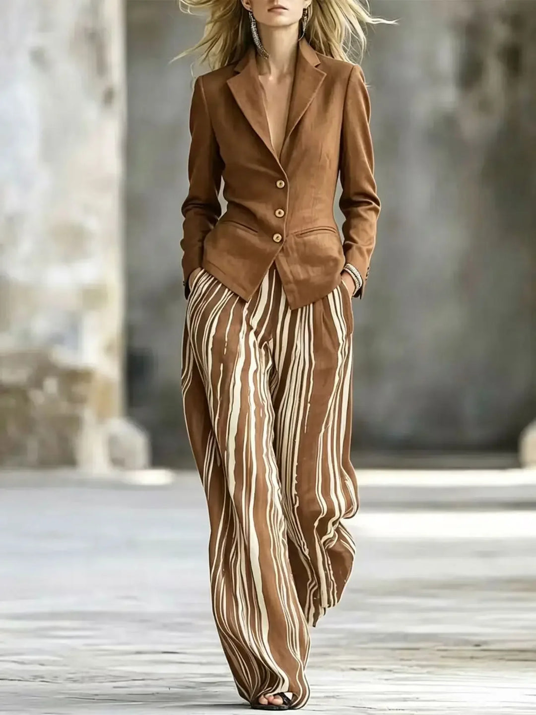 Woman wearing dark brown blazer with striped wide leg pants suit