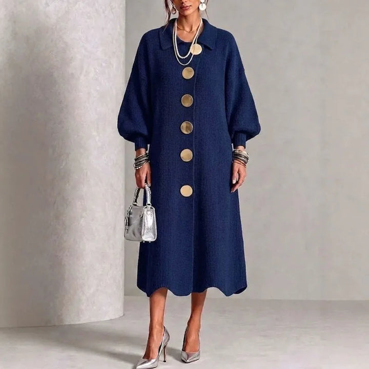 Dark blue ribbed knit sweater dress, front view