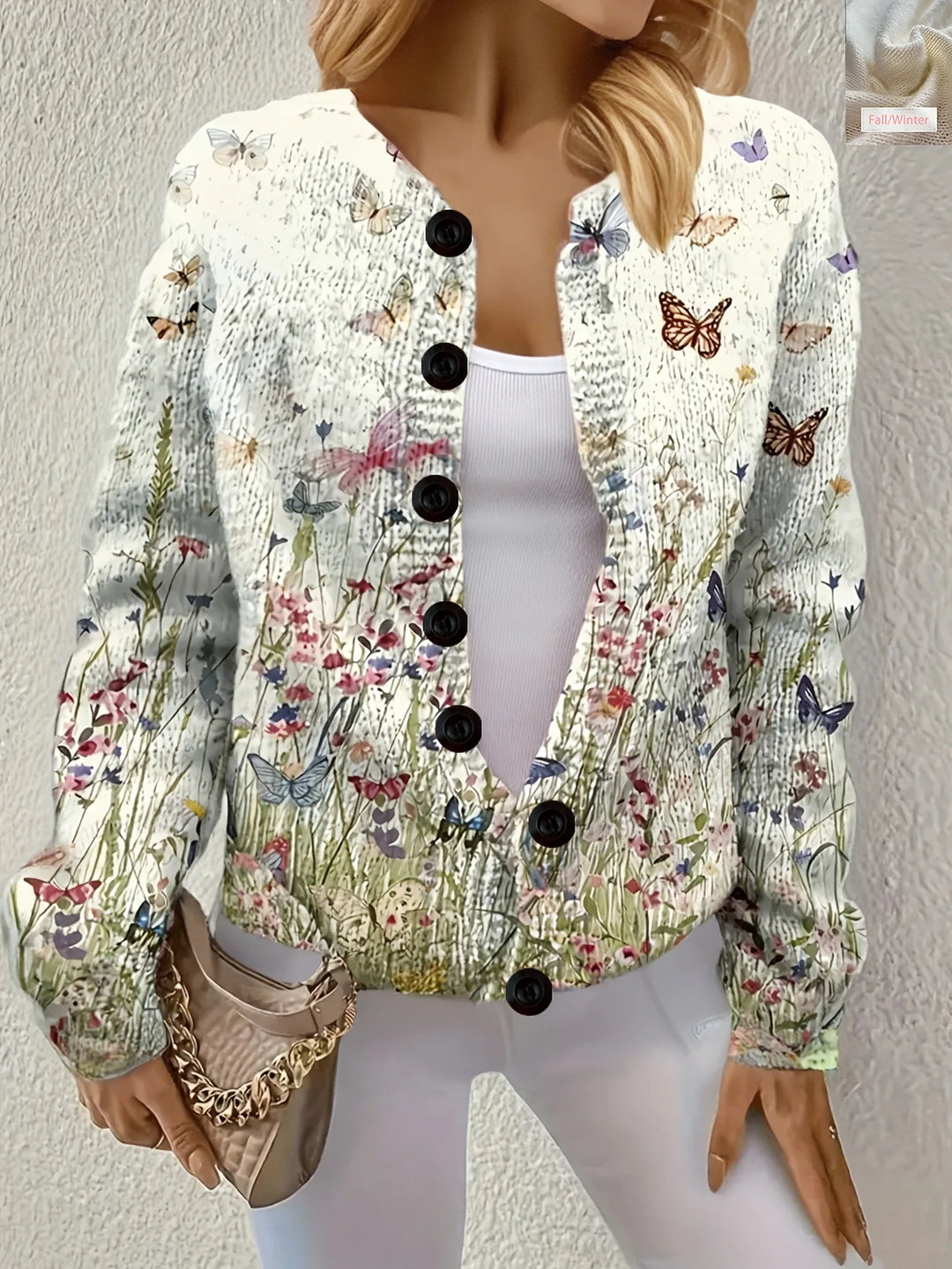 Butterfly and wildflower print knit cardigan, front view