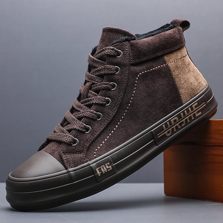 Brown two-tone suede high-top sneaker side view