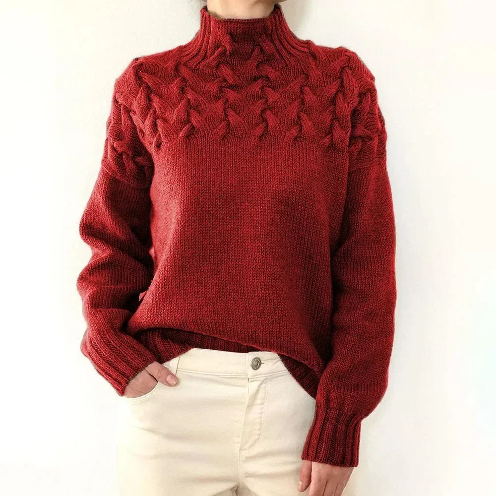 Red cable knit turtleneck sweater, front view
