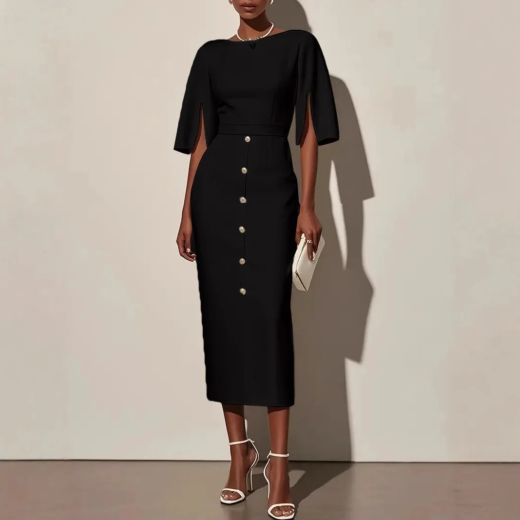 Woman wearing black split sleeve pencil dress with front buttons